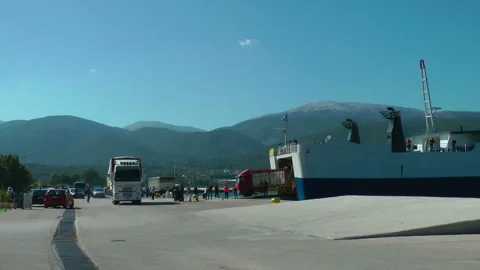 Two trucks leave the arrived ferry Cephalonia Ithaca. Stock Footage 155068171