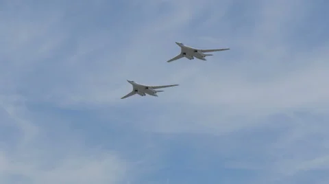 Two Tu-160M, the most advanced Russian strategic bomber flew over Moscow, Russia Stock Footage 53043265