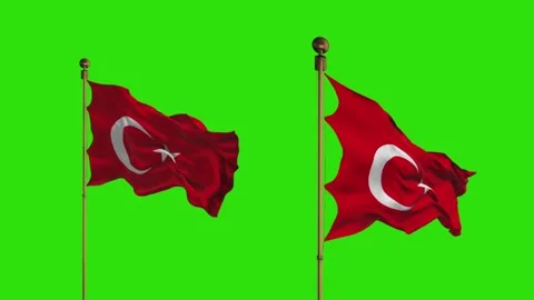 Two Turkish Flag Waving on reen screen. 3d animation. Video stock 265149339