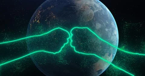 Two turquoise fists collide, bumping in space among zoom in planet earth Stock Illustration