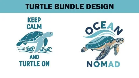 Two turtle graphics with ocean and nomad text elements bundle design Stock Illustration