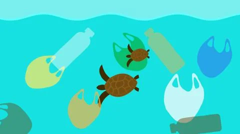 Two turtle passing through plastic bags and bottle in ocean. Concept for poll Illustrazione stock