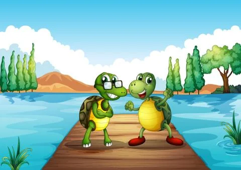 Two turtles standing at the diving board Stock Illustration