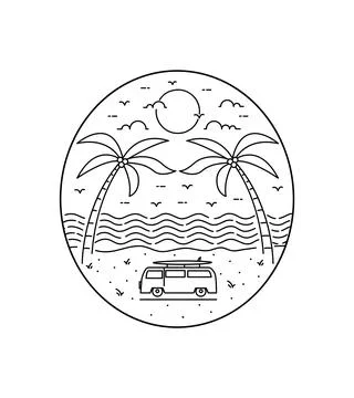 Two twin coconut trees on a beautiful beach in mono line art Stock Illustration