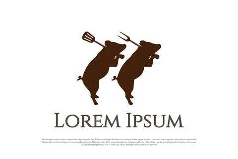 Two Twin Pig with Fork and Spatula for Barbecue BBQ Grill Logo Design Vector Stock Illustration