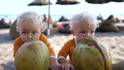 Two twin toddlers enjoying drinking fresh coconut on the sunny beach with straw Stock Footage 166160579