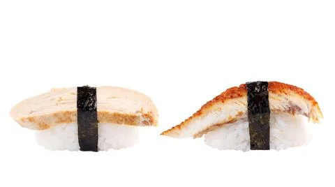 Two types of Sushi on a white background. Japanese seafood sushi roll. Isolat Stock Photos