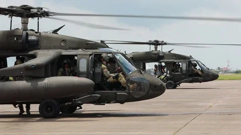 Two UH-60 Black Hawk helicopters ready for flight Stock-Footage 111757407