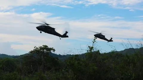 Two UH-60 Black Hawk helicopters landing during Air Assault Stock Footage 276830402