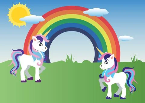 Two Unicorns. Rainbow, sun, blue sky. Vector unicorn 스톡 일러스트