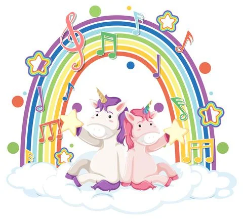 Two unicorns sitting on a cloud with rainbow and melody symbol Stock Illustration