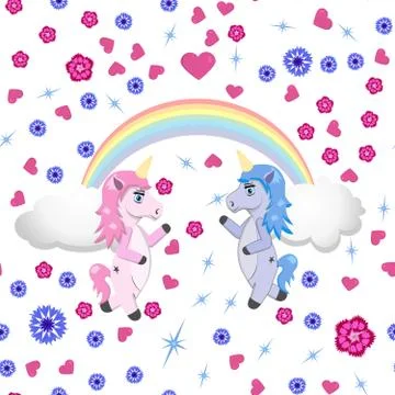 Two unicorns under the rainbow on a white background with flowers and hearts Stock Illustration