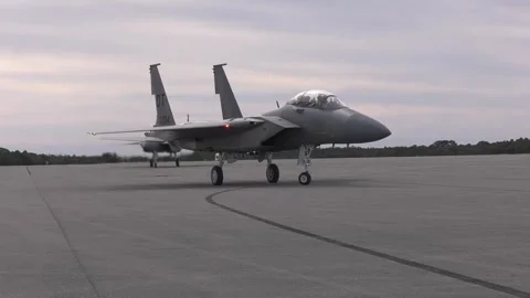 Two U.S. Air Force New F-15EX Eagle II aircraft taxiing on arrival at Eglin AFB Stock Footage 267202595