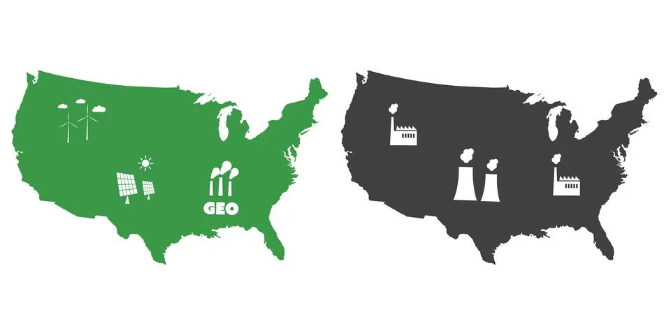 Two US maps with symbols, side by side show a contrast: green icons for win.. Illustrazione stock