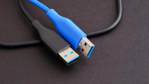 Two USB 3.0 Type-A cables in black and blue colors. Stock Photos