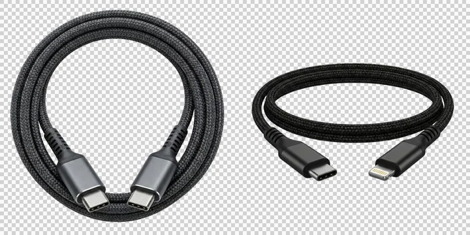 Two USB C to lightning and USB C to USB C cables on transparent background,.. Stock Photos