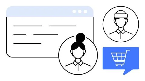 Two user avatars beside a web interface window with text lines and shopping c イラスト素材