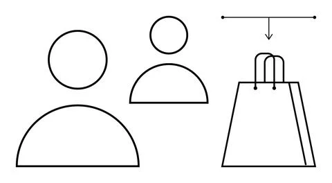 Two user icons connected to a shopping bag with an arrow. Ideal for online bu Stock Illustration