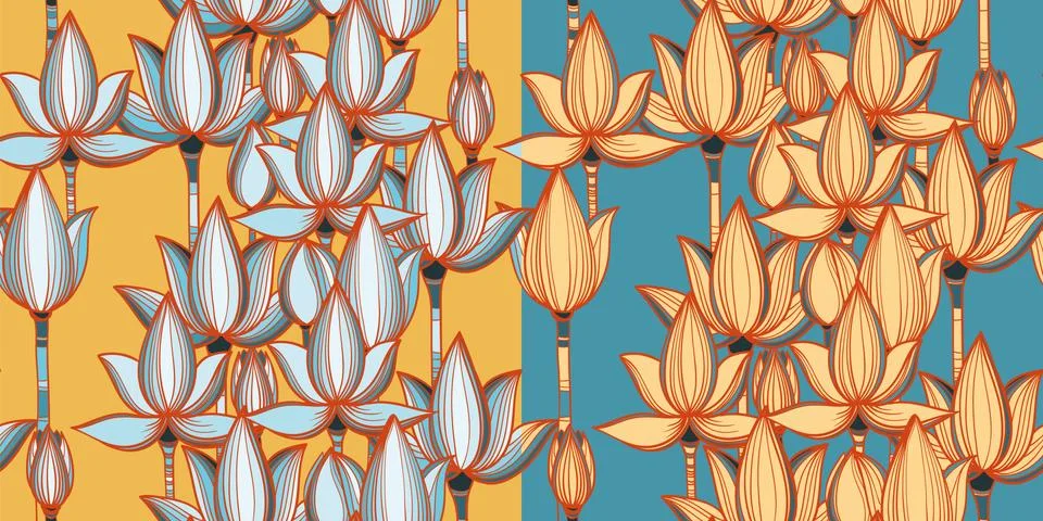 Two variants of seamless vector pattern with lotuses Stock Illustration
