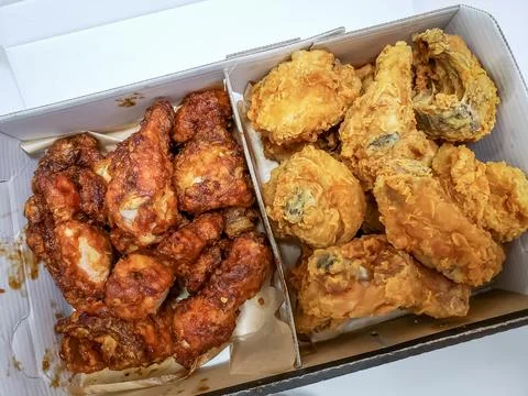 Two varieties of Korean-Style Deep-Fried Chicken Stock Photos