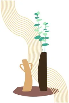 Two vases with eucalyprus in abstract composition Stock Illustration