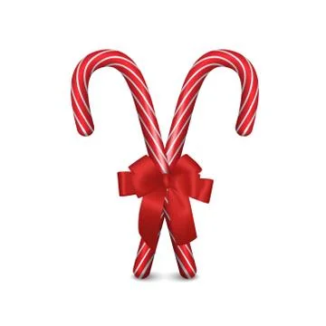 Two Vector 3d Realistic Christmas and New Year Candy Canes with Red Bow Closeup Stock Illustration