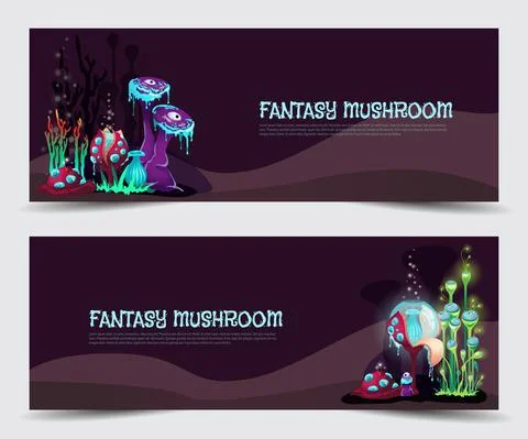 Two vector beautiful banners with fantasy magic mushrooms on night background. Illustrazione stock