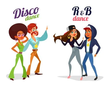 Two vector cartoon couples dancing dance in disco style and rhythm and blues Illustrazione stock