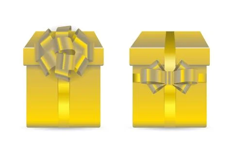 Two vector golden boxes for gifts decoraned with glossy bows. 스톡 일러스트