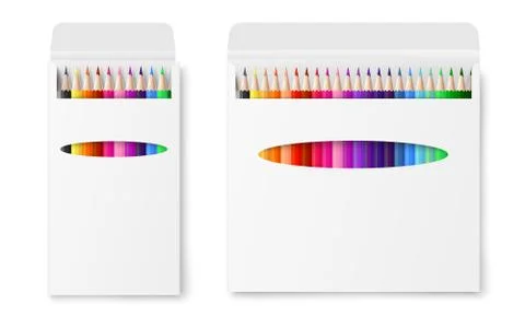 Two vector realistic boxes of colored pencils isolated on a white background. Illustrazione stock