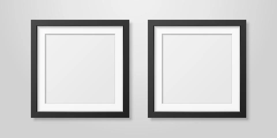 Two Vector Realistic Mofern Interior Black Blank Square Wooden Poster Picture Stock Illustration