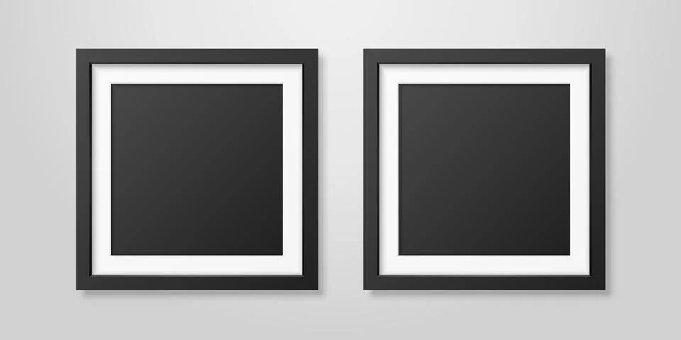 Two Vector Realistic Mofern Interior Black Blank Square Wooden Poster Picture Stock Illustration