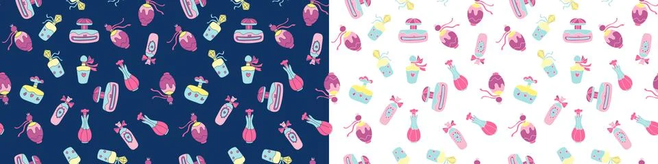 Two vector seamless patterns with bottles of perfume on white and dark blue. Illustration
