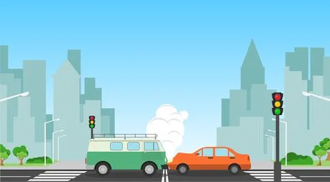 Two Vehicles Collision Accident on Pedestrian Crossing with Traffic Lights Stock Illustration