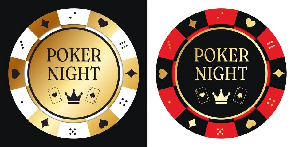 Two version luxurious casino chip design with gold and poker night inscription. Stock Illustration