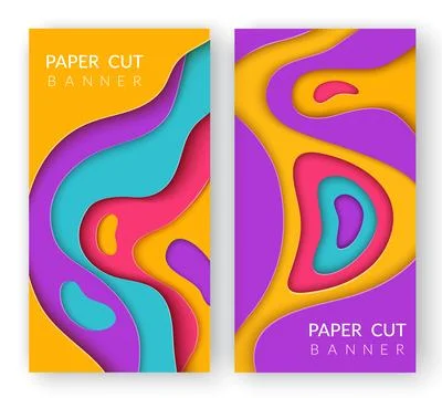 Two vertical abstract banners with multi colored paper cut shapes. Paper cu.. Stock Illustration