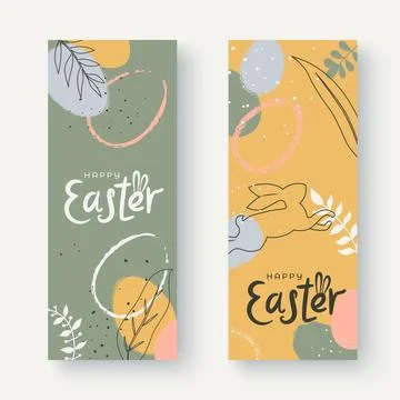 Two vertical banners with hand drawn Easter decorations in pastel colors. Hap Stock Illustration