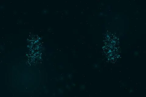Two vertical formations of shimmering connected particles stand apart in a .. Stock Illustration