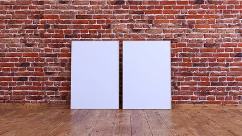 Two vertical frame mockup on a red brick wall with wooden floor. Stock Illustration