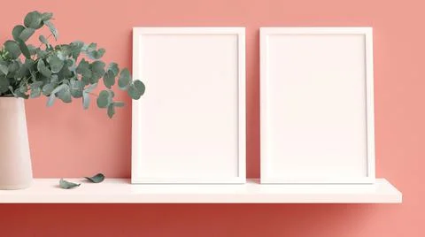 Two vertical frames mockup on the shelf leaning against the wall, nordic styl Stock Photos