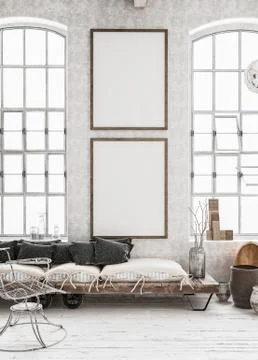 Two vertical Mock-up posters in shabby interior background, Scandinavian style, Stock Illustration