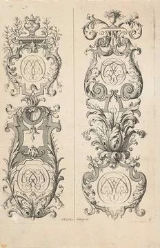 Two vertical ornaments of leaf raft and monograms each crowned with garden... Stock Photos