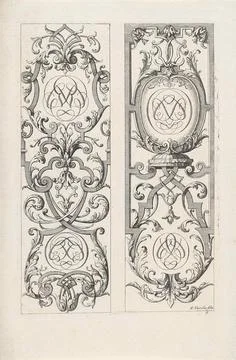 Two vertical ornaments of leaf raft and monograms; Vertical ornaments with... Stock Photos