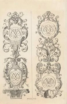 Two vertical ornaments of leaf raft and monograms; Vertical ornaments with... Stock Photos