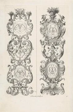 Two vertical ornaments of leaf raft and monograms; Vertical ornaments with... Stock Photos