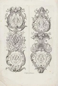 Two vertical ornaments of leaf raft and monograms; Vertical ornaments with... Stock Photos