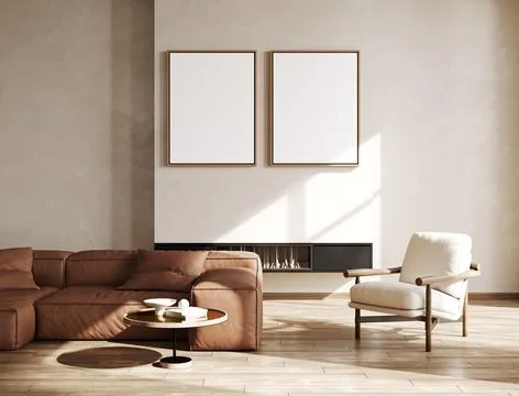 Two vertical poster frame mock up in scandinavian style living room interio.. Stock Illustration