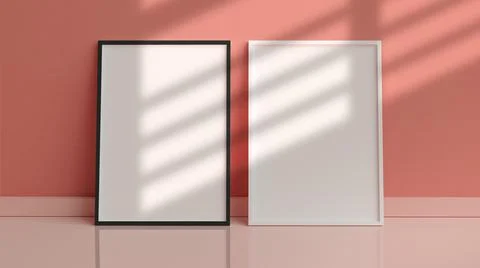 Two vertical poster frames mockup on the floor leaning against the room wall  Stock Photos