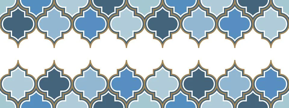 Two vertical vector moroccan repeat seamless border. Light blue, gold beige line Stock Illustration