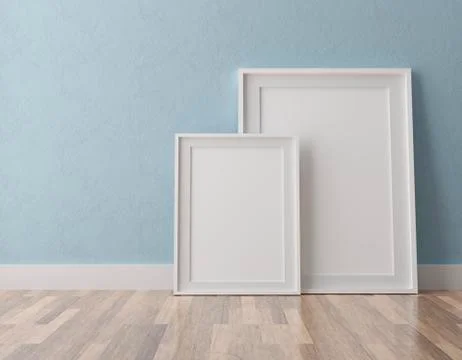Two vertical white frame mock up, white frame on blue wall, 3d illustration Stock Illustration